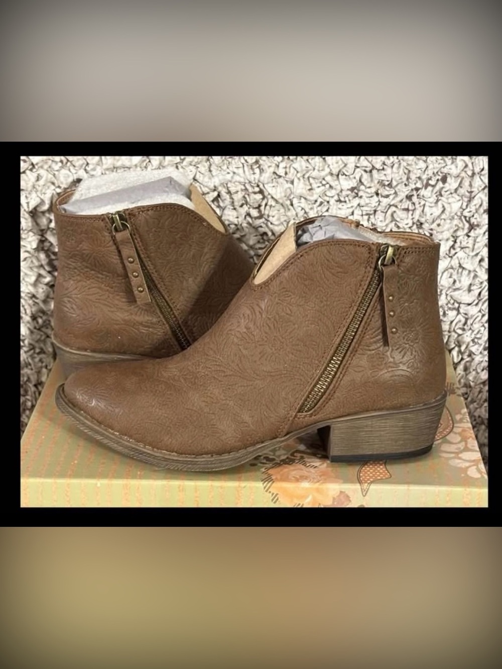 Very G Brown Embossed Ankle Booties with Side Zips